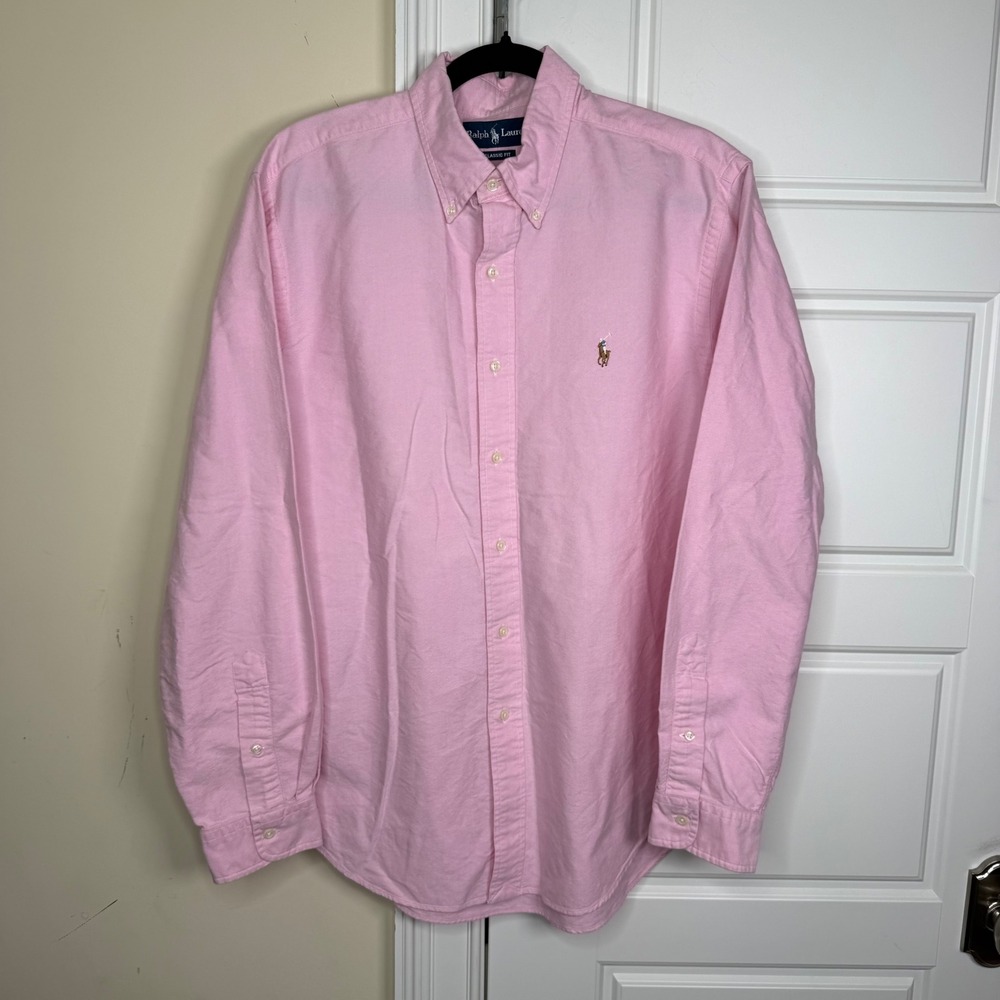 Vintage Polo Ralph Lauren Oxford Mens Large Pink Classic Fit Flesh Pony Shirt - Picture 2 of 7
